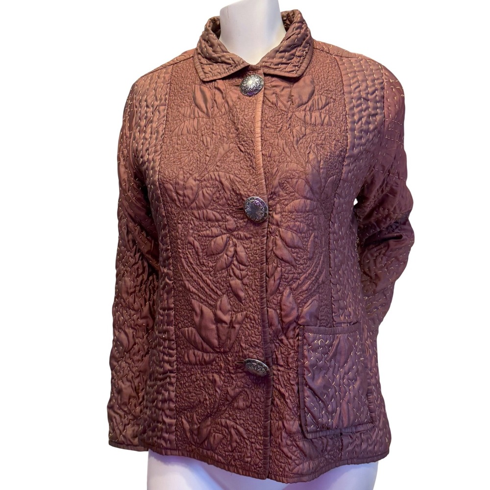 Vintage Quilted Floral Jacket‎ Brown Ornate Buttons Grandmacore Cottagecore Sz M